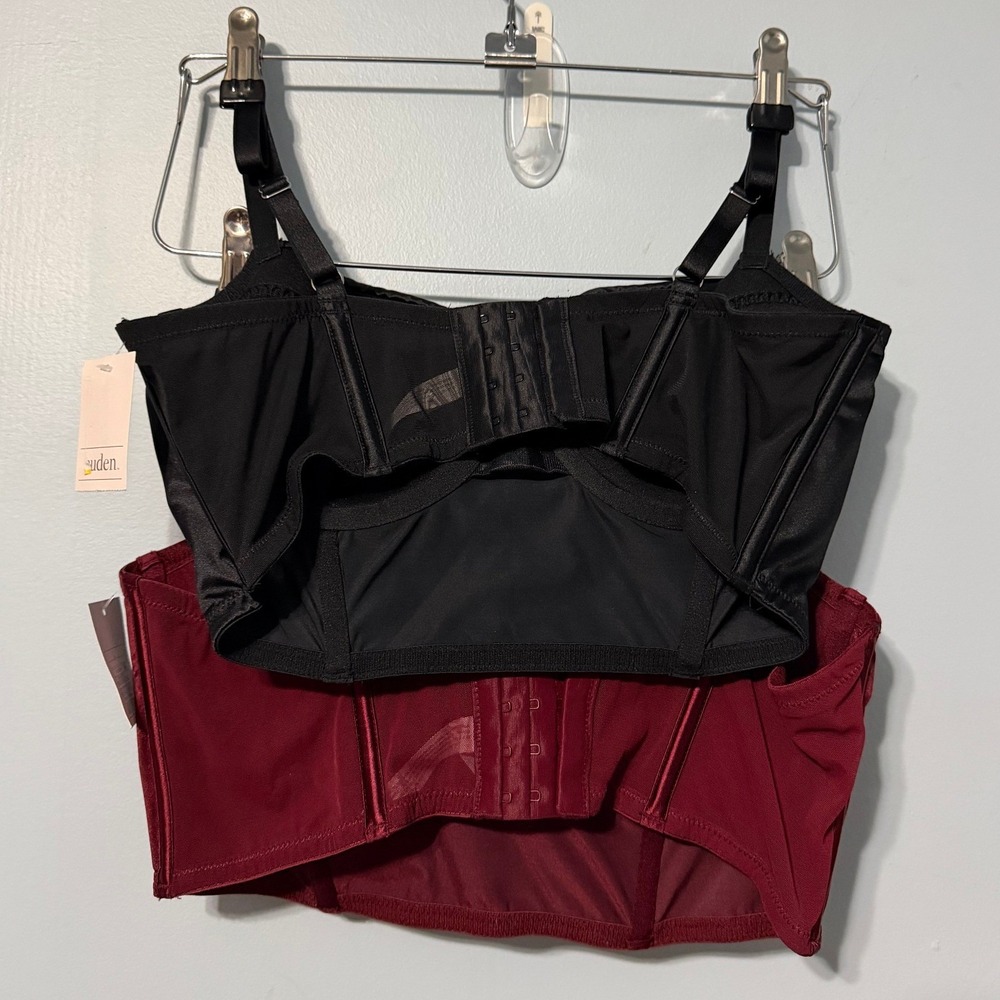 Auden Intimates Size Large Satin Longline Bustier Bra Set Black Berry Red 2562 - Picture 2 of 5